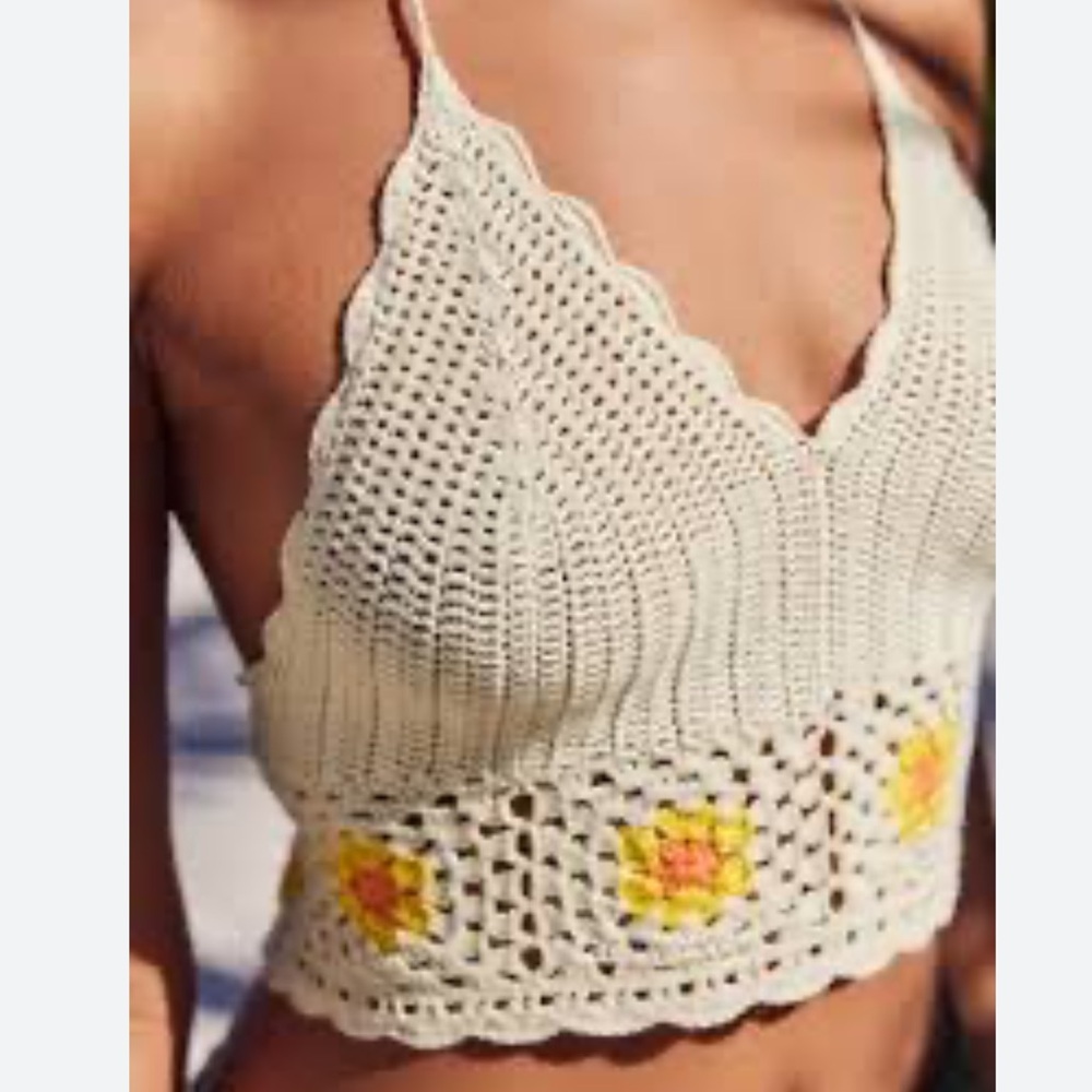 Aerie Crochet Textured Floral Cropped Halter Bra Top XS Neutral - Picture 9 of 9